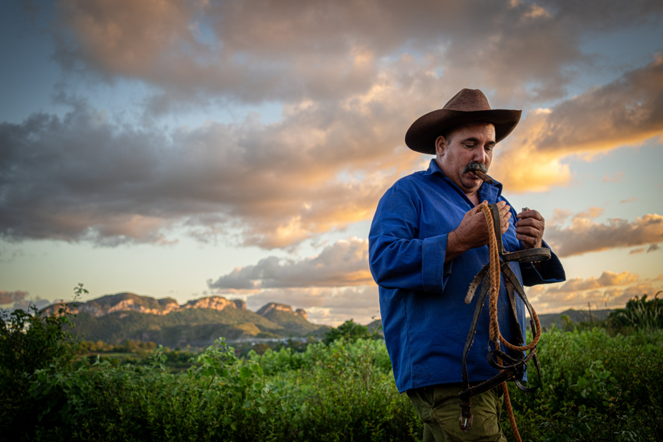 Cuba Street Photography Roadtrp | 14 Day Guide with Mark Seymour 5 A Cuban cowboy in a blue shirt adjusting his horse tack as warm sunset light falls over the mountains and fields around him.