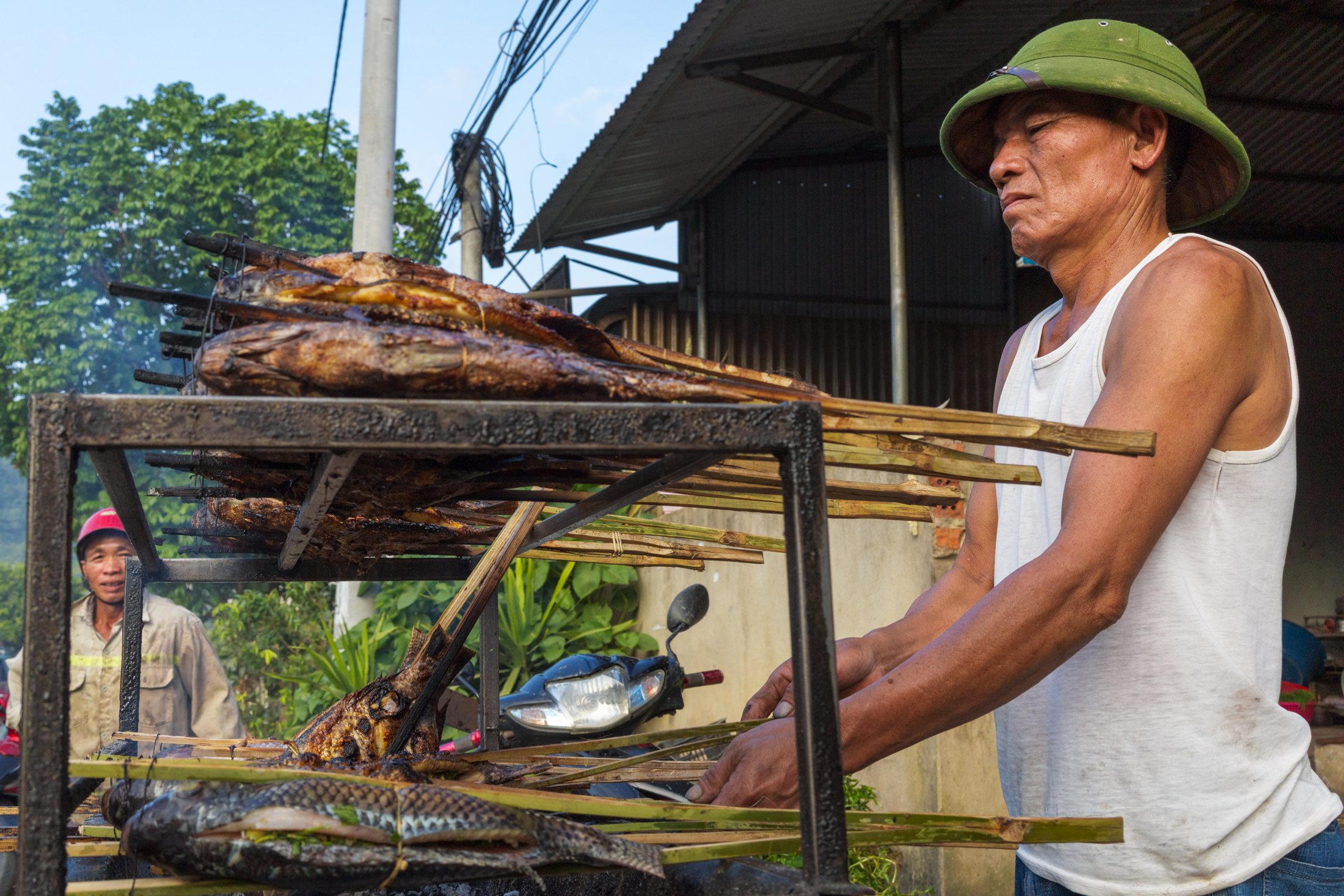 Northern Vietnam Photography: A Photographer’s Journey Beyond the Tourist Trail 18 A street food vendor tends rows of fish roasting on bamboo skewers over a charcoal grill during the evening in northern Vietnam.